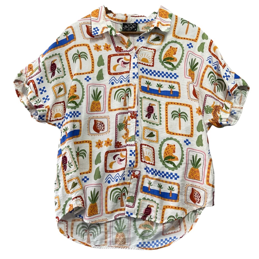 Milk & Honey Button Up Shirt Womens XL White Tropical Stamp Print Cheetah Toucan